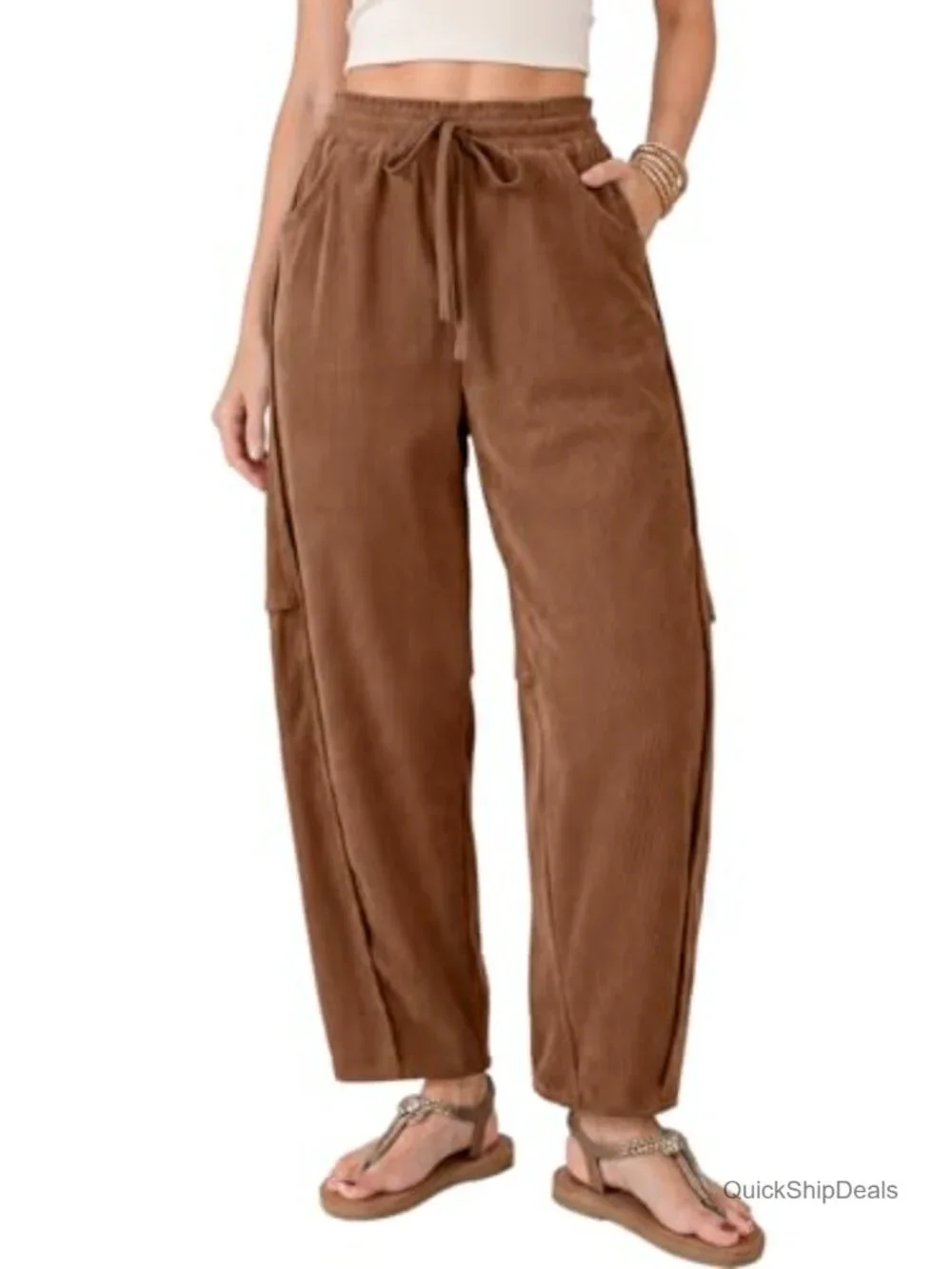 Women's Corduroy Barrel Pants High Rise Drawstring Loose Wide Leg